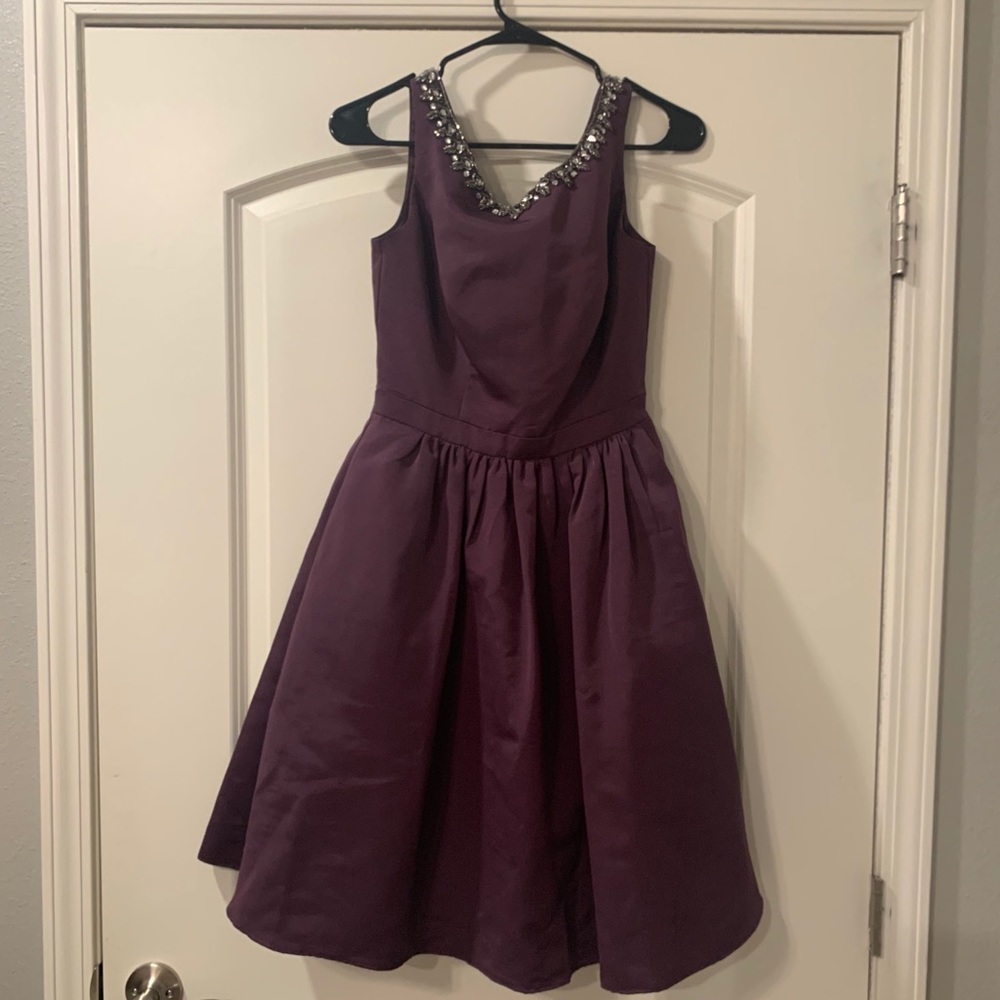 David’s Bridal Plum knee length bridesmaid dress